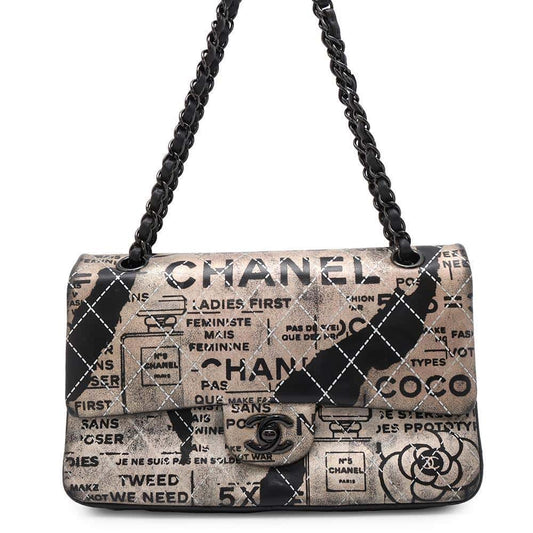 CHANEL Logo Print Double Flap ChainShoulder Bag Black A01112 Leather