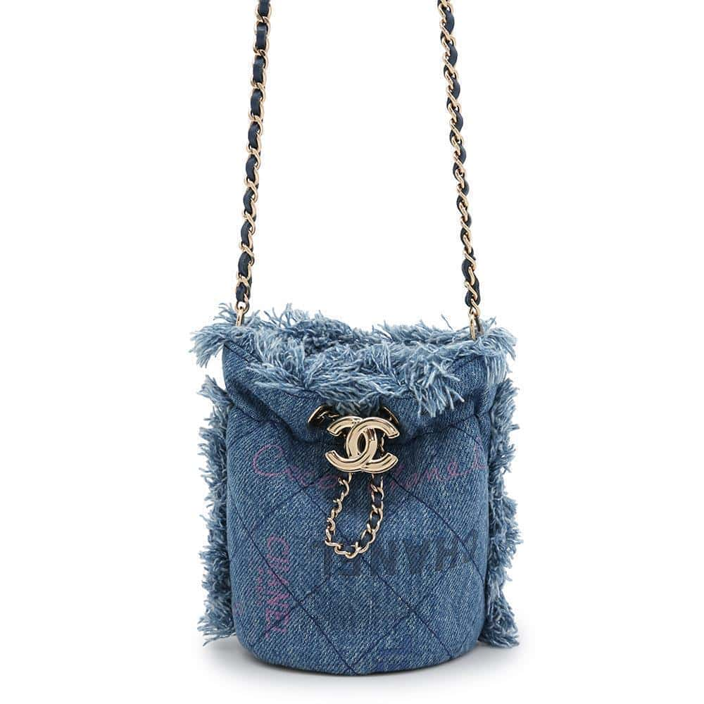 CHANEL Logo Mini Drawstring Bag Shoulder Blue AP2603 Denim Leather