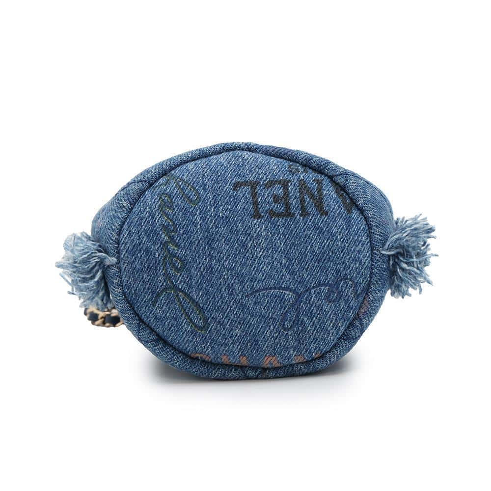 CHANEL Logo Mini Drawstring Bag Shoulder Blue AP2603 Denim Leather