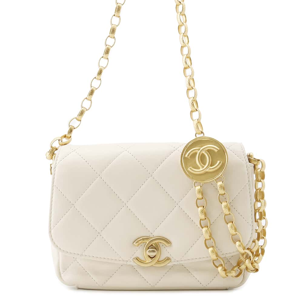 CHANEL Matelasse Coin Motif ChainShoulder Bag White AS2222 Lambskin