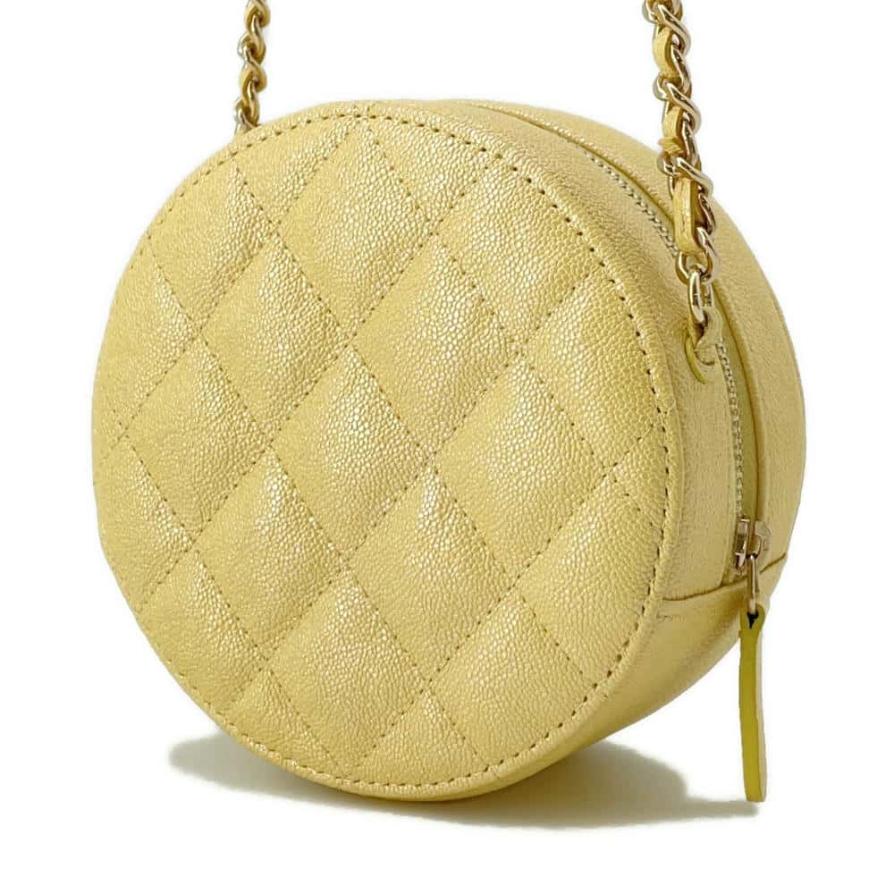 CHANEL Matelasse Round Chain Shoulder Yellow A70657 Caviar Leather