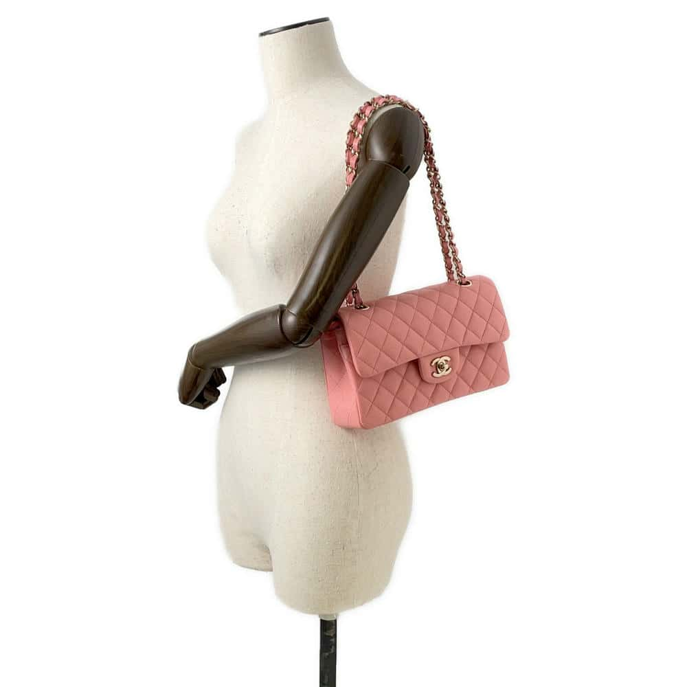 CHANEL Matelasse W Flap ChainShoulder Bag Pink A01113 Caviar Leather Size 23