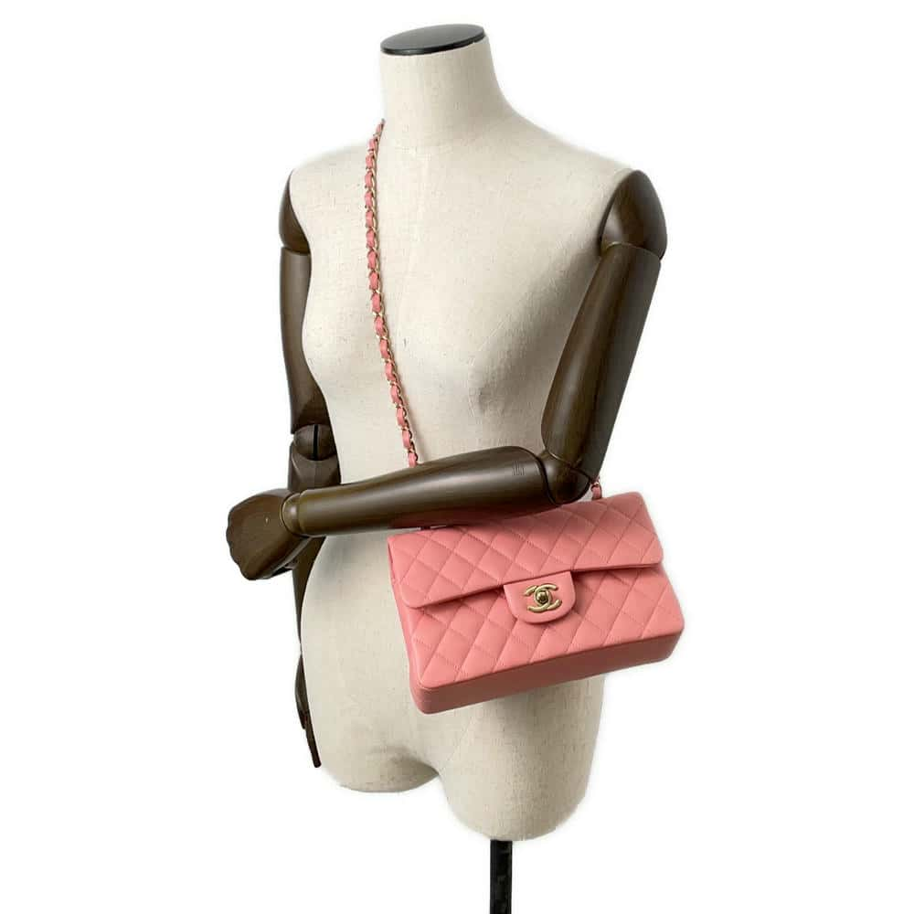 CHANEL Matelasse W Flap ChainShoulder Bag Pink A01113 Caviar Leather Size 23