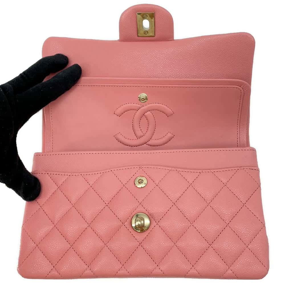 CHANEL Matelasse W Flap ChainShoulder Bag Pink A01113 Caviar Leather Size 23