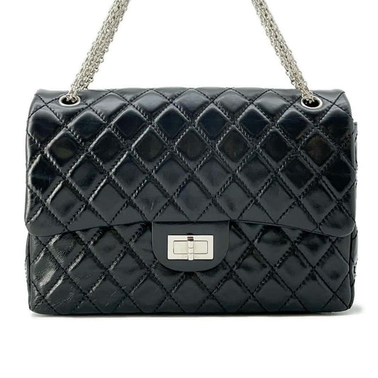 CHANEL 2.55 Matelasse W-Flap W-Chain Shoulder Bag Black A37587 Aged Calf Leather Size Large