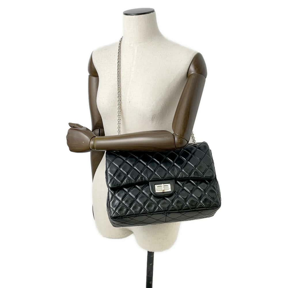 CHANEL 2.55 Matelasse W-Flap W-Chain Shoulder Bag Black A37587 Aged Calf Leather Size Large