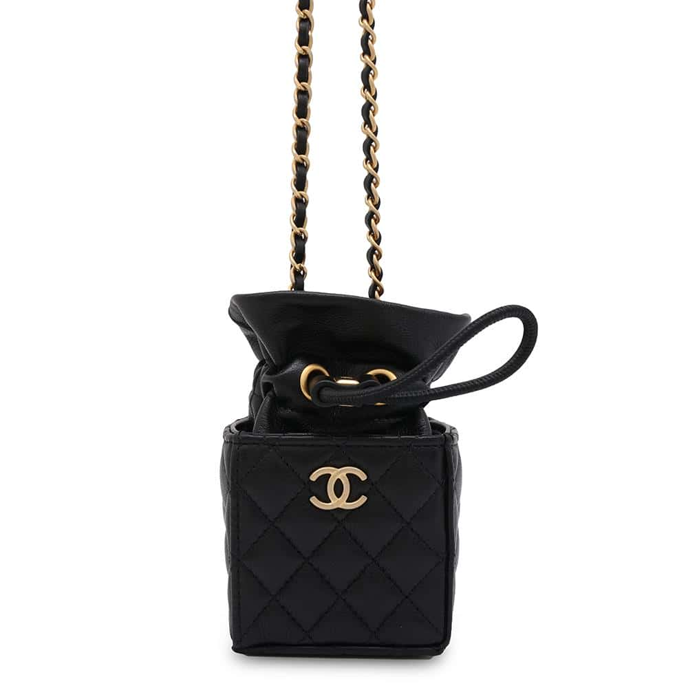 CHANEL Matelasse MiniDrawstring Bag ChainShoulder Bag Black Lambskin