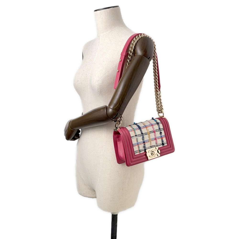 CHANEL Boy Chanel TweedChainShoulder Pink/Multicolor Leather Tweed Size Small