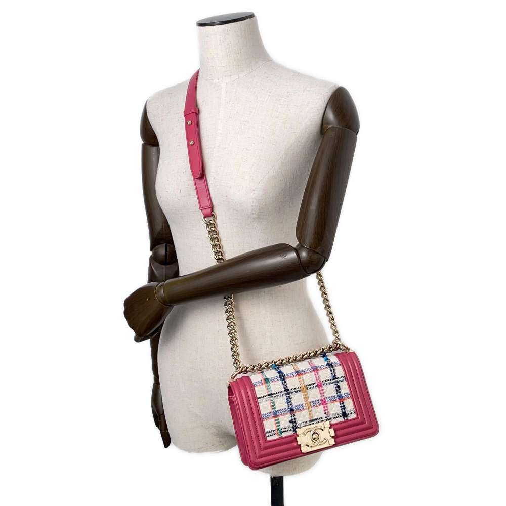 CHANEL Boy Chanel TweedChainShoulder Pink/Multicolor Leather Tweed Size Small