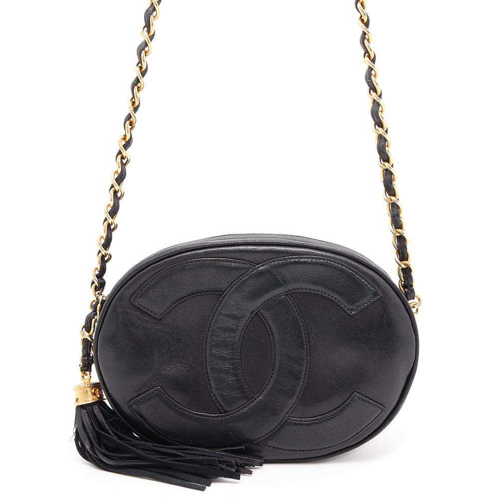 CHANEL CC Logo Tassel ChainShoulder Bag Black Lambskin