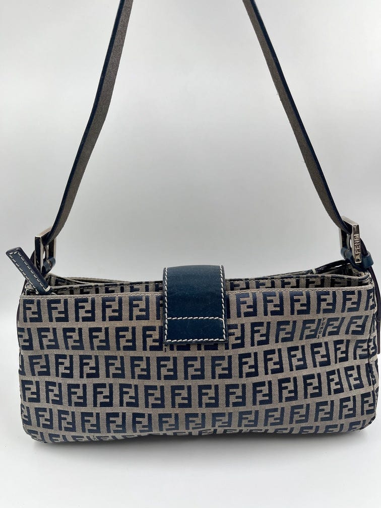 Vintage Fendi Shoulder Bag Beige / Navy Zucca Canvas