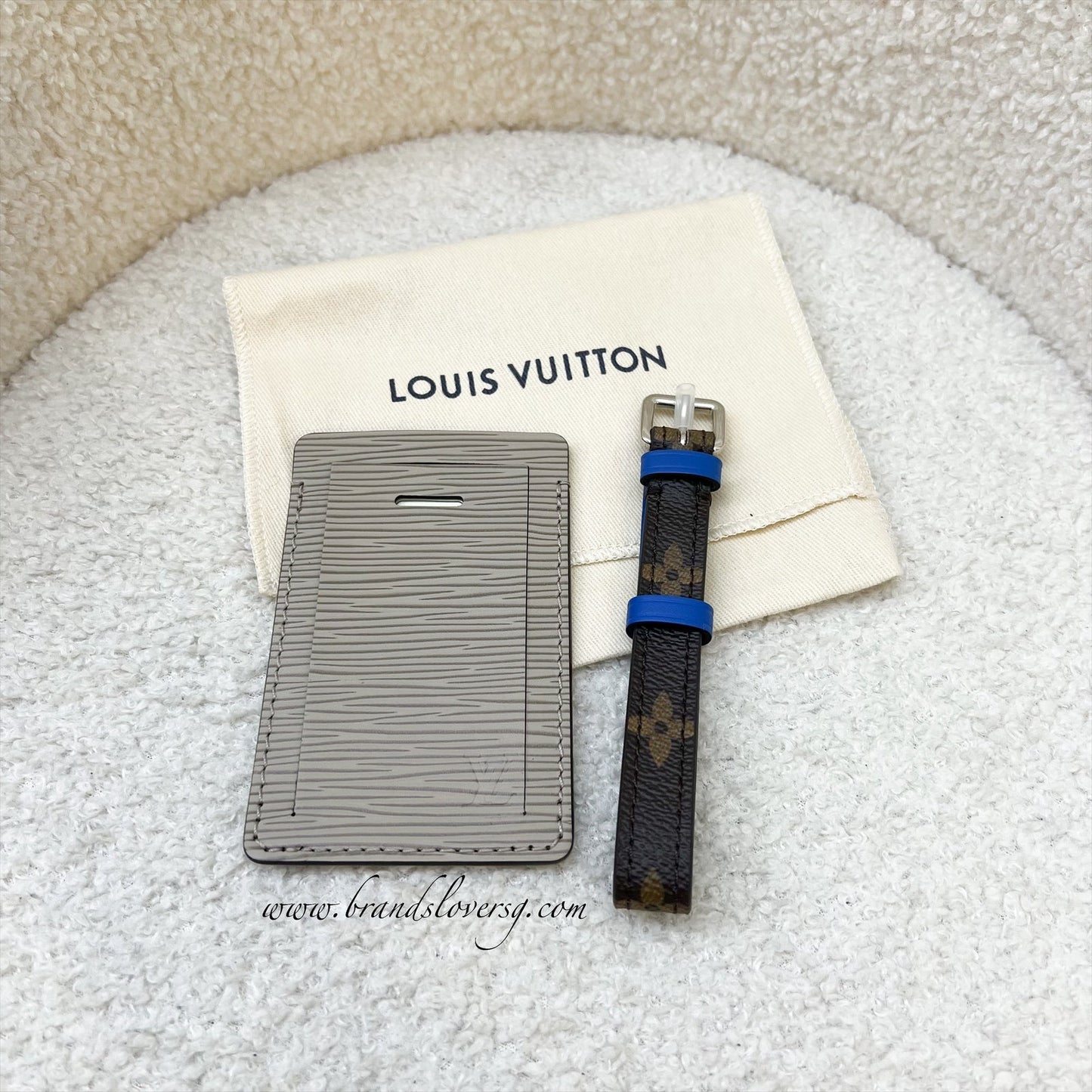 LV Luggage Tag in Beige / Grey / Blue Epi Leather and Monogram Canvas