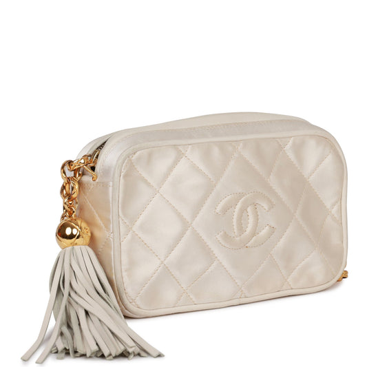 Vintage Chanel Mini Camera Bag Beige Satin Gold Hardware