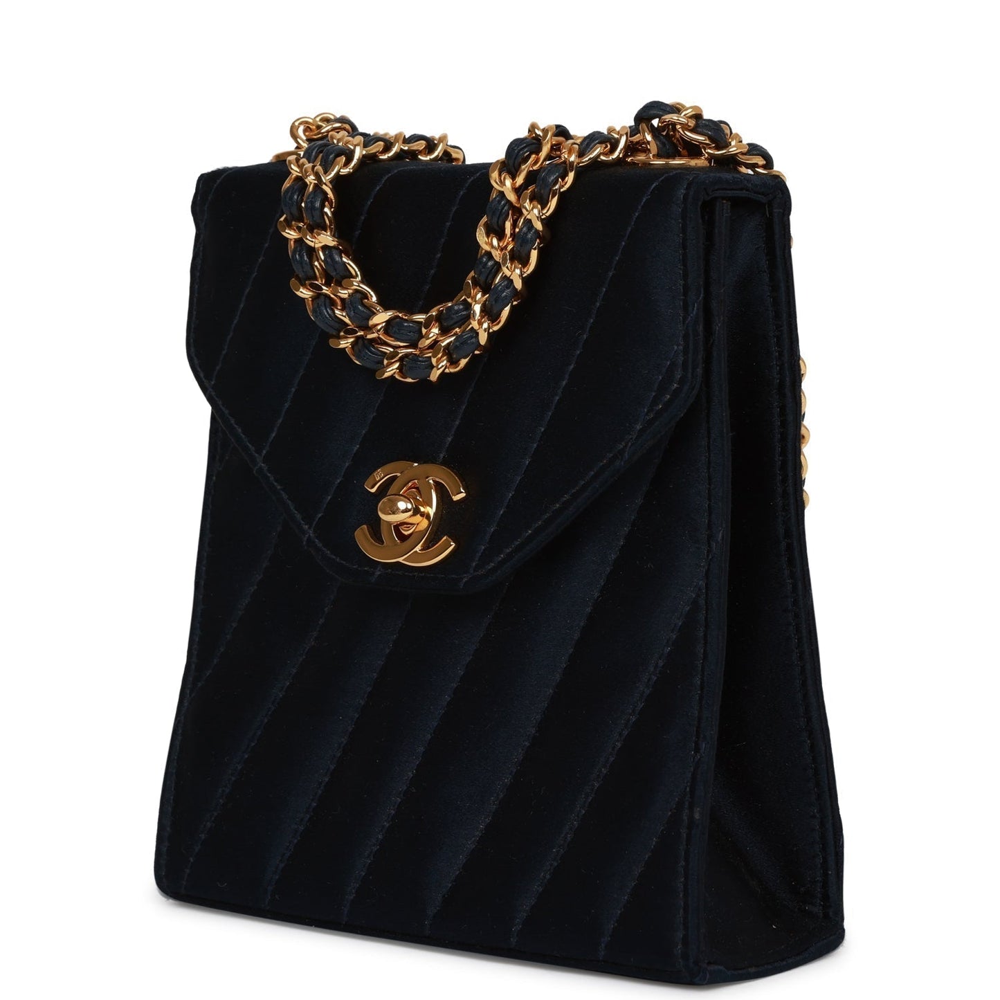 Vintage Chanel Mini Flap Bag Dark Blue Satin Gold Hardware