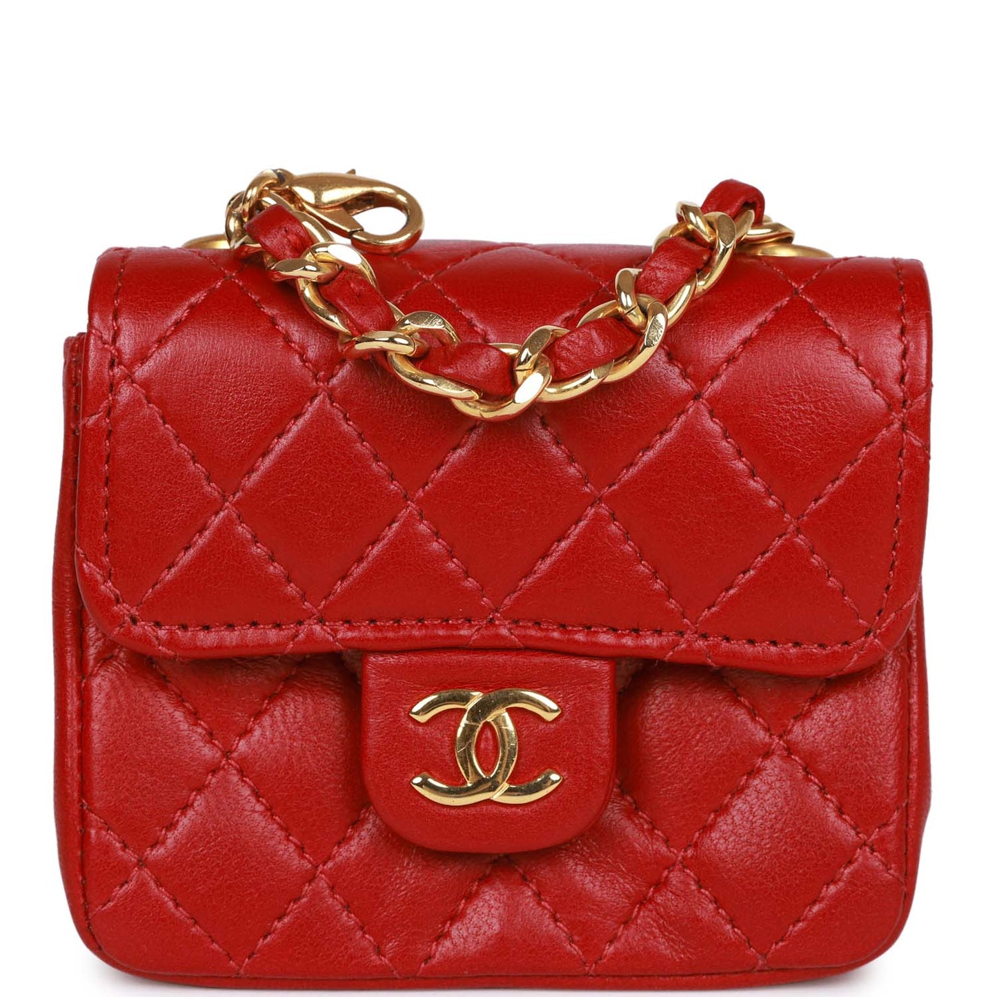 Vintage Chanel Micro Waist Flap Bag Red Lambskin Gold Hardware