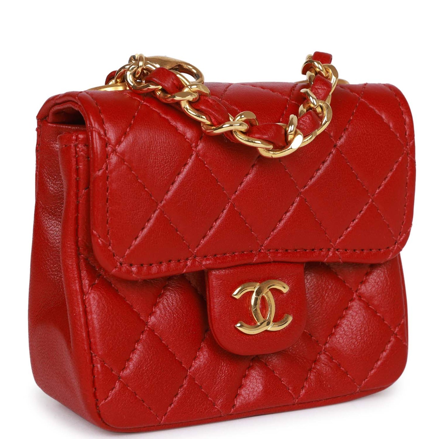 Vintage Chanel Micro Waist Flap Bag Red Lambskin Gold Hardware