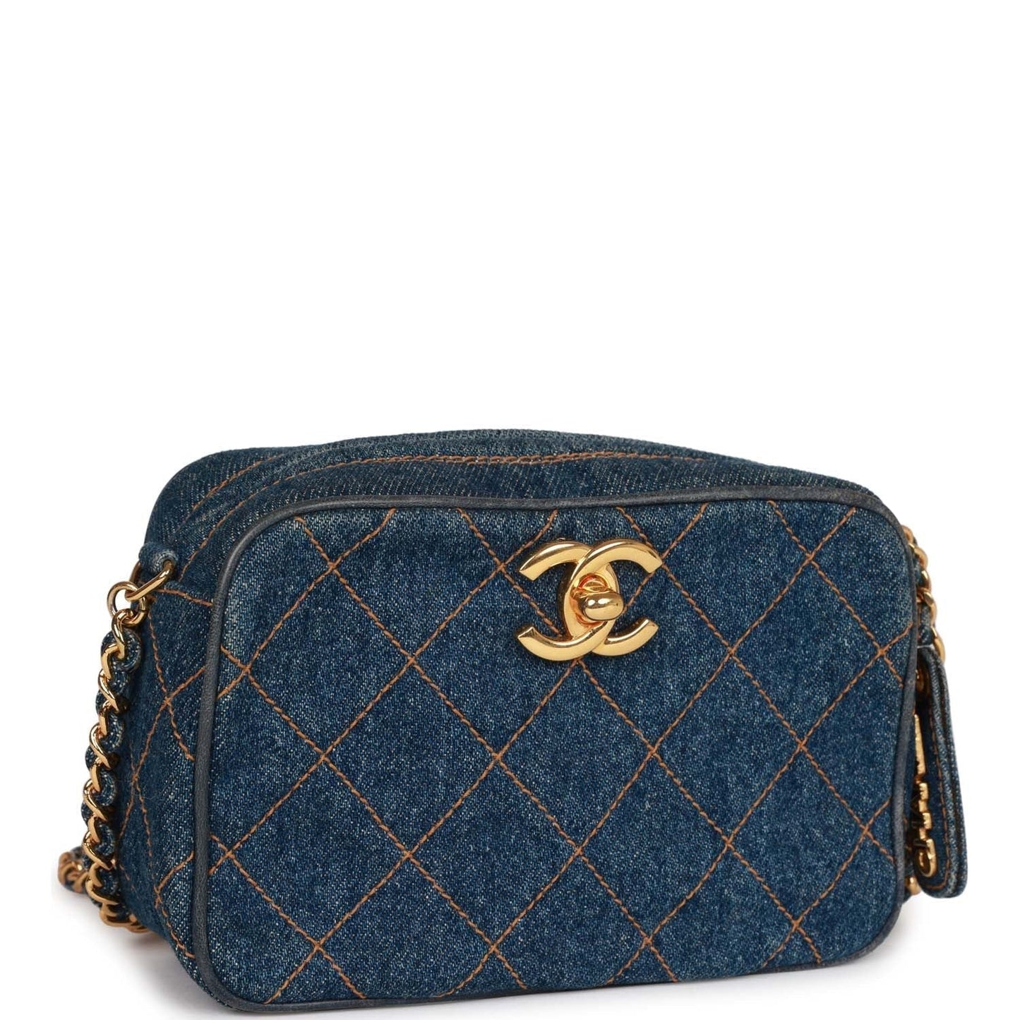 Vintage Chanel Mini Camera Bag Blue Denim Gold Hardware