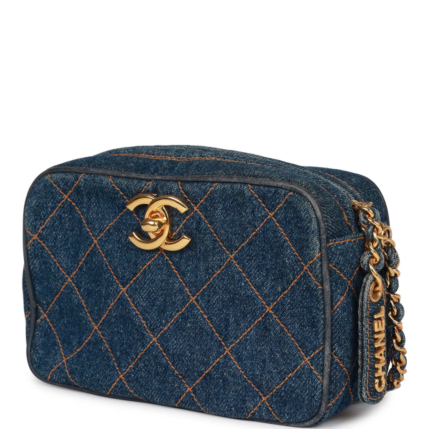 Vintage Chanel Mini Camera Bag Blue Denim Gold Hardware