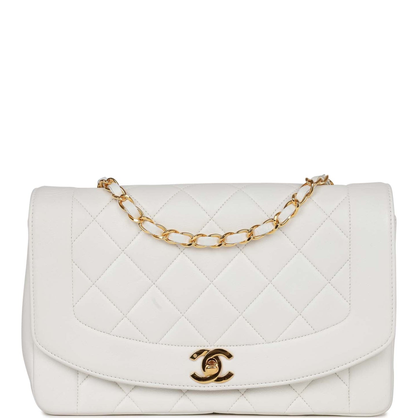 Vintage Chanel Medium Diana Flap Bag White Lambskin Gold Hardware