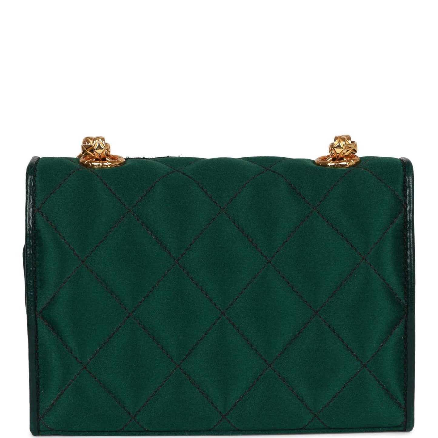 Vintage Chanel Mini Camellia Flap Bag Green Satin Gold Hardware