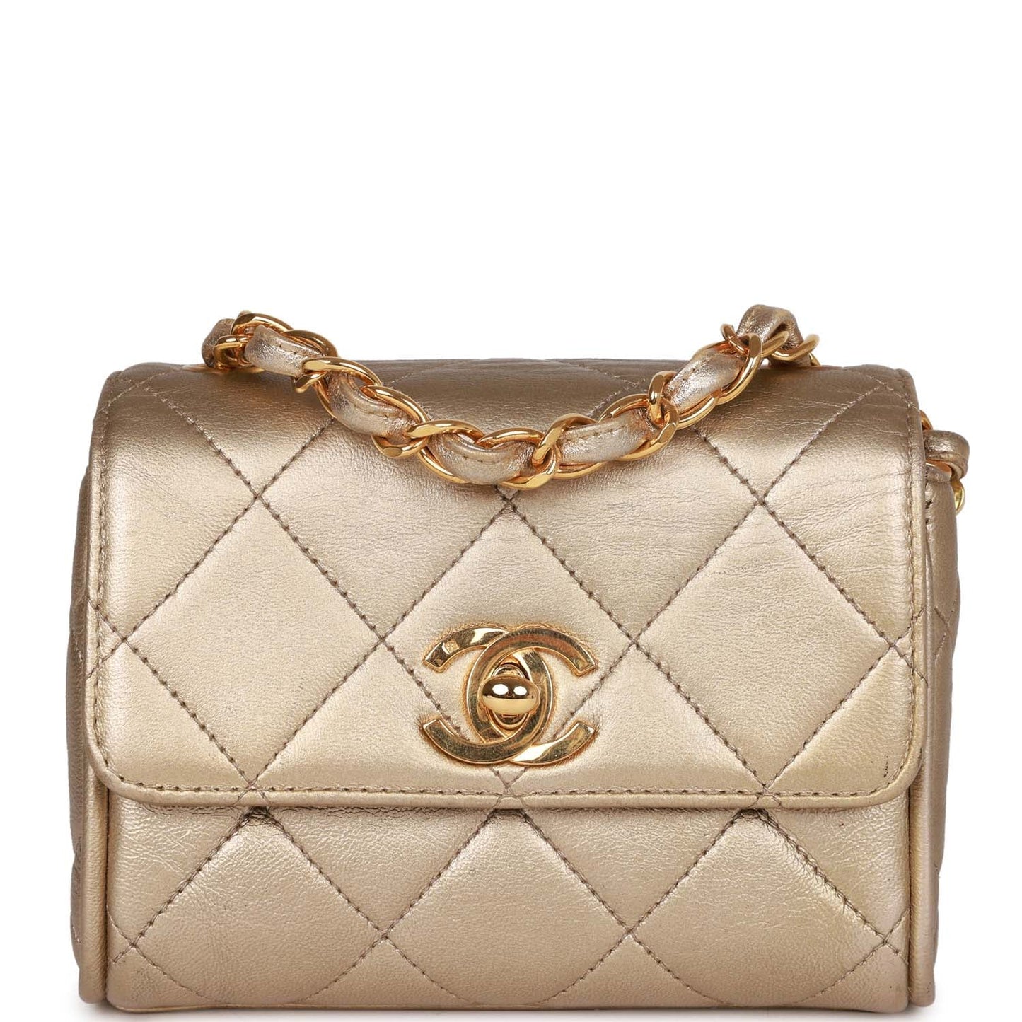 Vintage Chanel Nano Flap Bag Gold Metallic Lambskin Gold Hardware