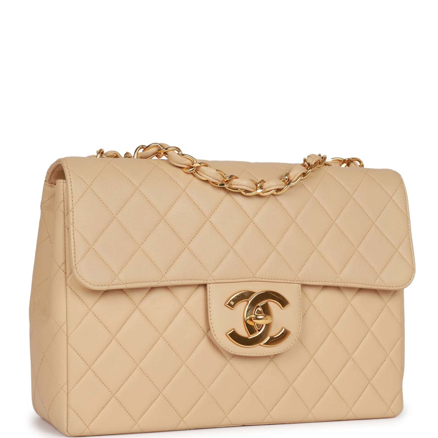 Vintage Chanel XL Jumbo Flap Bag Beige Lambskin Gold Hardware