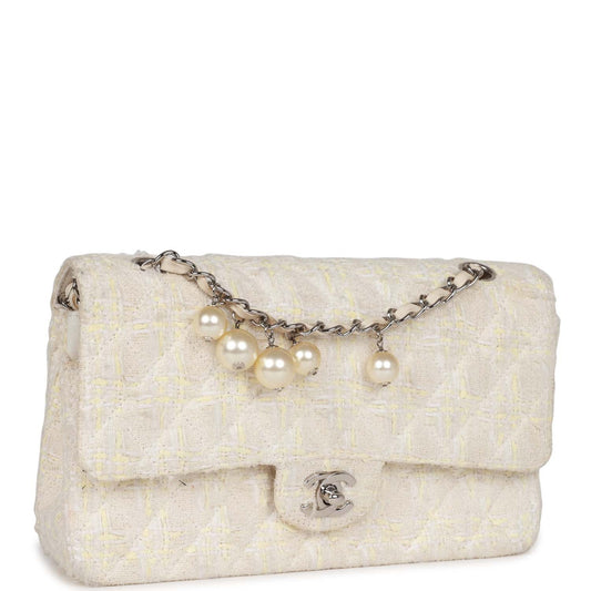 Vintage Chanel Medium Double Flap Bag White Tweed Silver Hardware