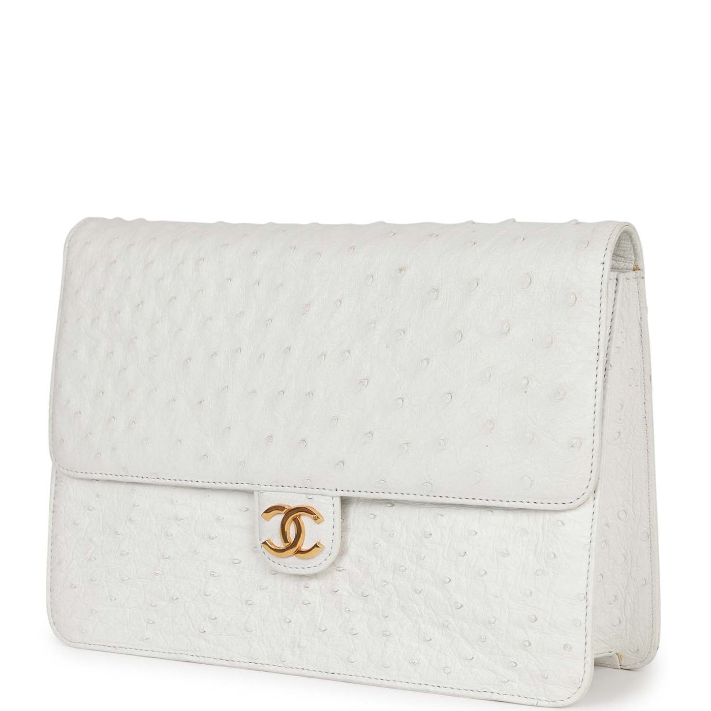 Vintage Chanel Single Flap Bag White Ostrich Gold Hardware