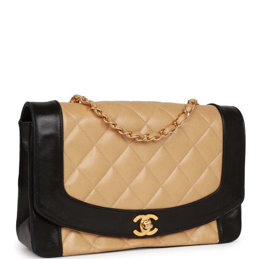 Vintage Chanel Medium Diana Flap Bag Black and Beige Lambskin Gold Hardware