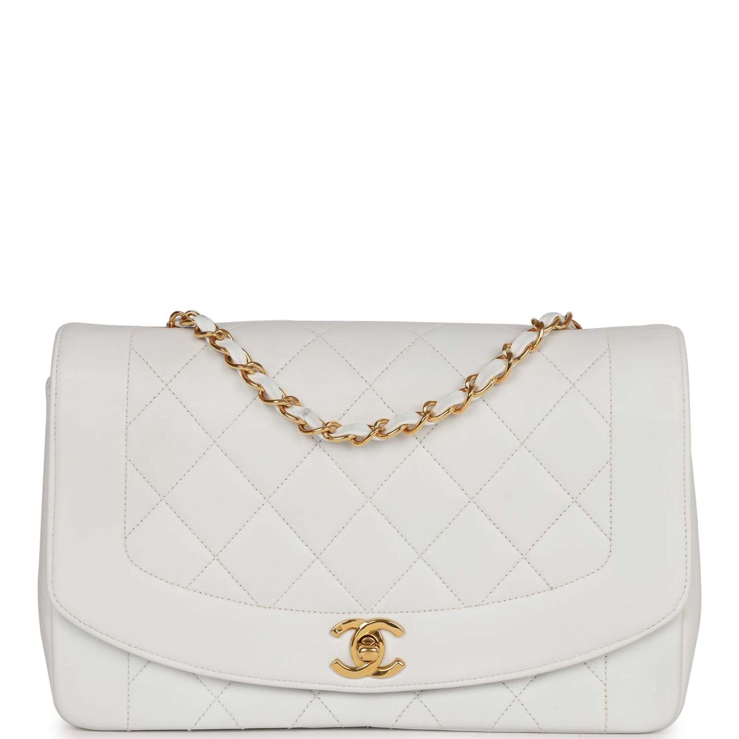 Vintage Chanel Medium Diana Flap Bag White Lambskin Gold Hardware