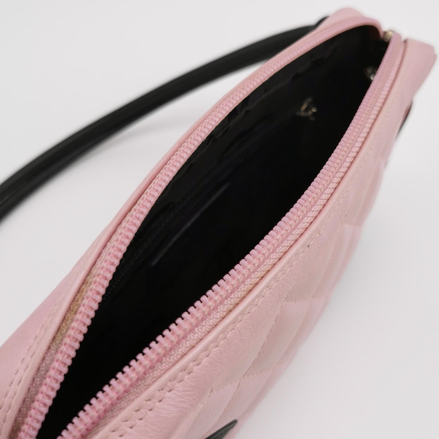 Chanel Cambon Clutch Shoulder Bag Pink Calfskin Leather Black Strap