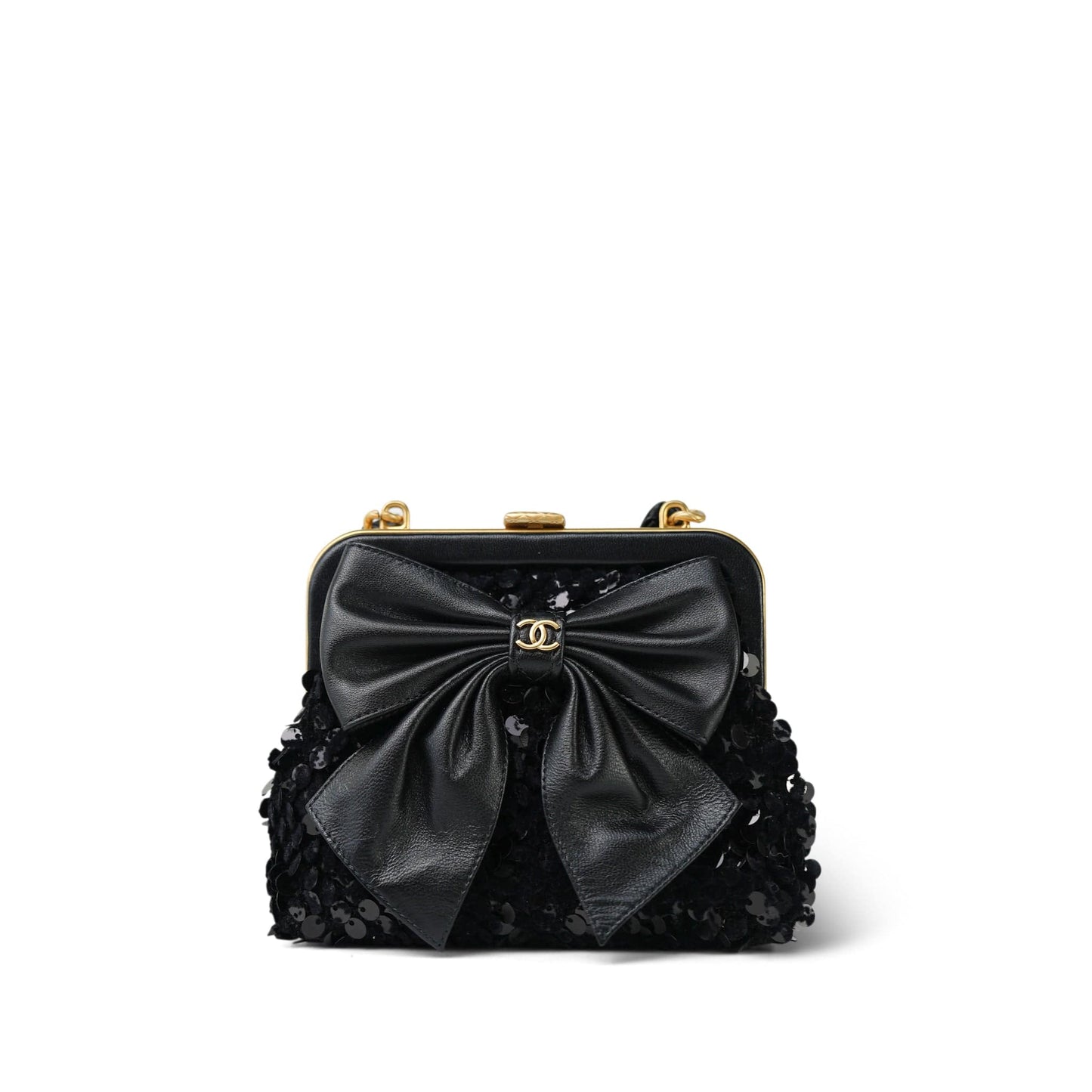 24A Black Sequin Tweed Lambskin Bow Clutch With Chain Aged Gold Hardware