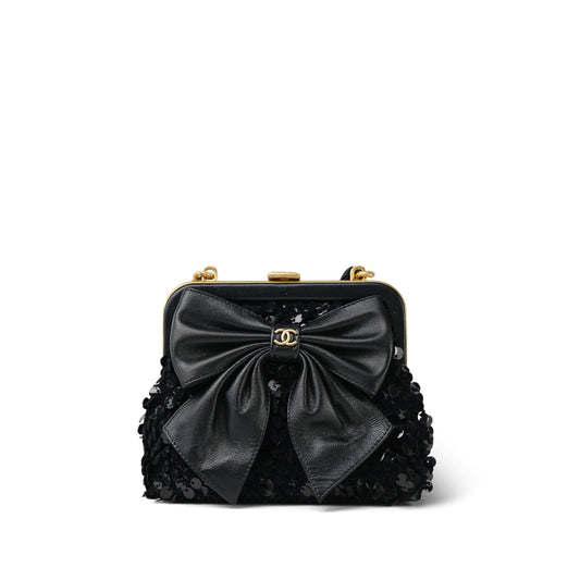24A Black Sequin Tweed Lambskin Bow Clutch With Chain Aged Gold Hardware