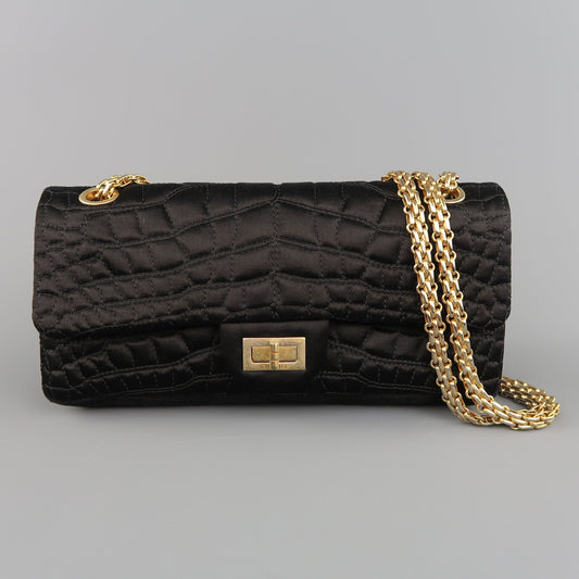 CHANEL Black Alligator Quilted Silk Gold Chain Reissue Shoulder Bag