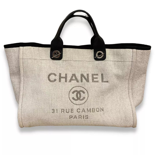 CHANEL WHITE CANVAS DEAUVILLE TOTE BAG