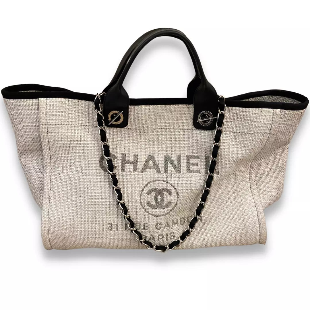 CHANEL WHITE CANVAS DEAUVILLE TOTE BAG