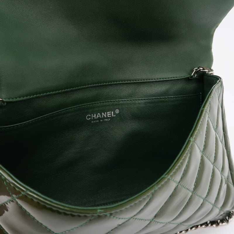 Chanel Envelope Clutch with Chains Shoulder Bag Dark Green Patent Leather