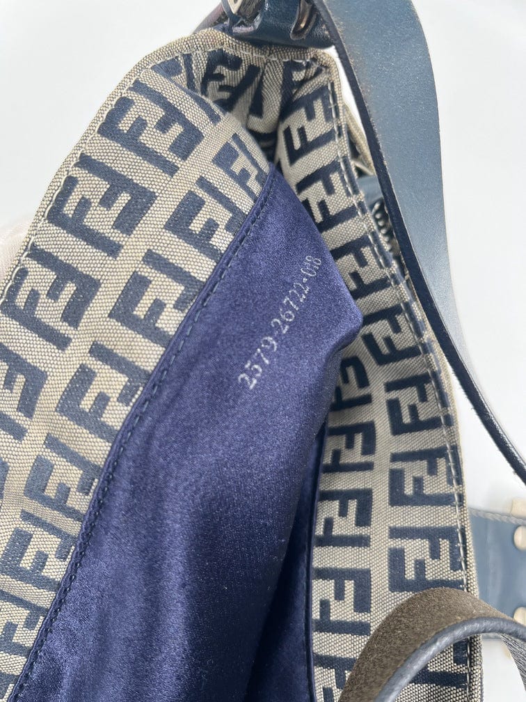 Vintage Fendi Shoulder Bag Beige / Navy Zucca Canvas