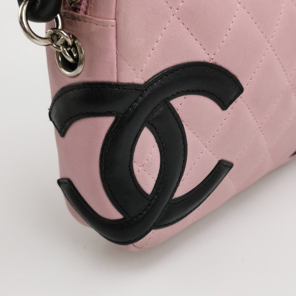 Chanel Cambon Clutch Shoulder Bag Pink Calfskin Leather Black Strap