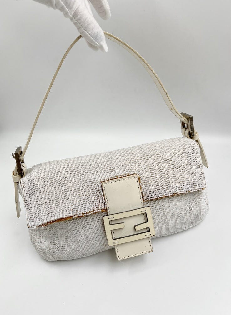 Vintage Fendi White Beaded Baguette Bag