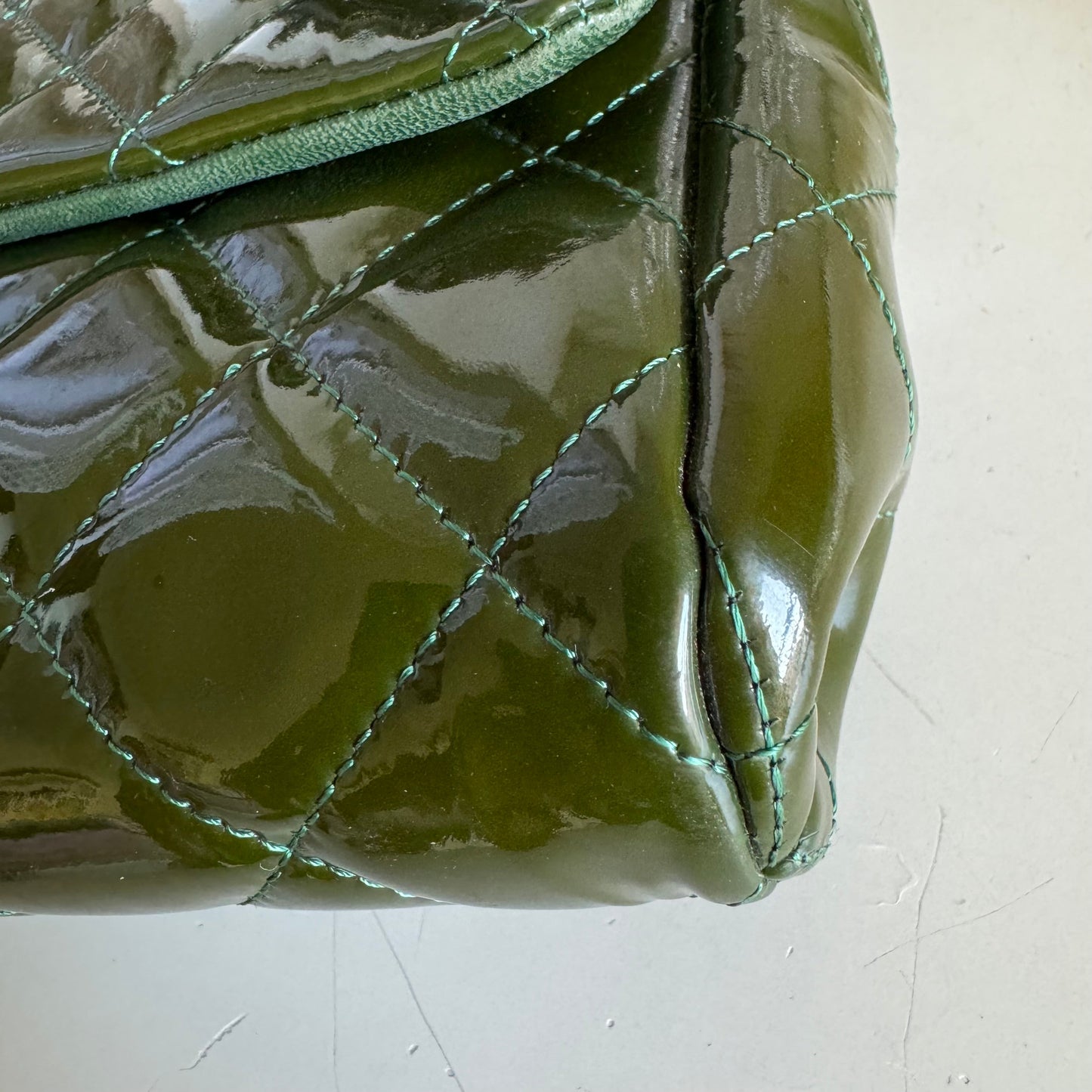 Chanel Envelope Clutch with Chains Shoulder Bag Dark Green Patent Leather