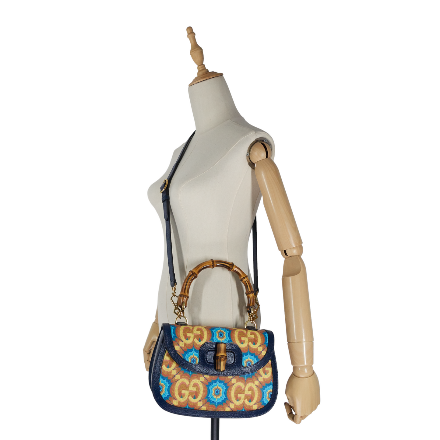 1947 Bamboo Handle Kaleidoscope Canvas and Leather Bag