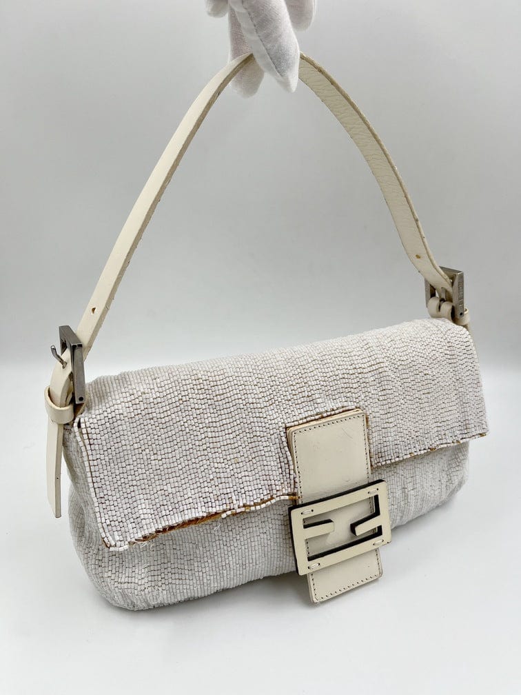 Vintage Fendi White Beaded Baguette Bag