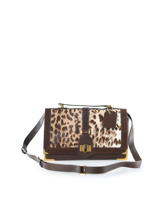 FENDI Brown Leather and Animal Print Pony Hair Crossbody Bag