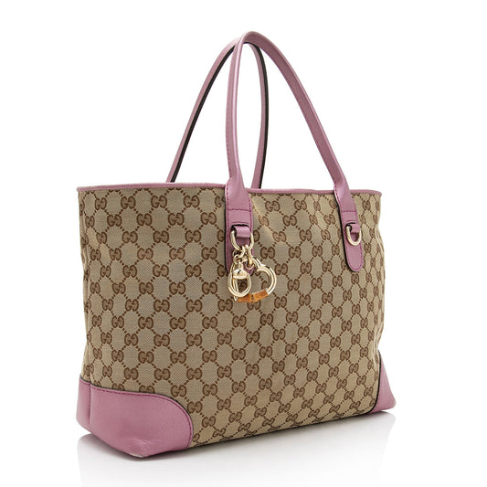 Gucci GG Canvas Metallic Leather Heart Bit Charm Medium Tote
