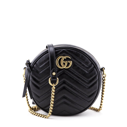 Gucci Black Calfskin Matelasse Mini Round GG Marmont Shoulder Bag