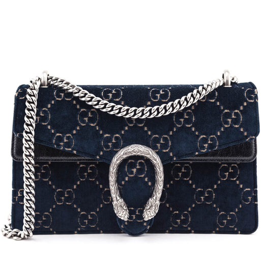 Gucci Dark Blue Velvet GG Monogram Small Dionysus Shoulder Bag