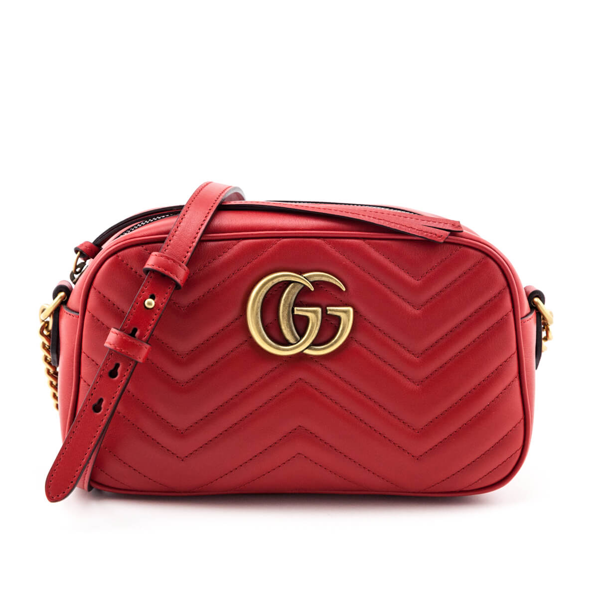 Gucci Hibiscus Red Calfskin Matelasse Small GG Marmont Chain Crossbody