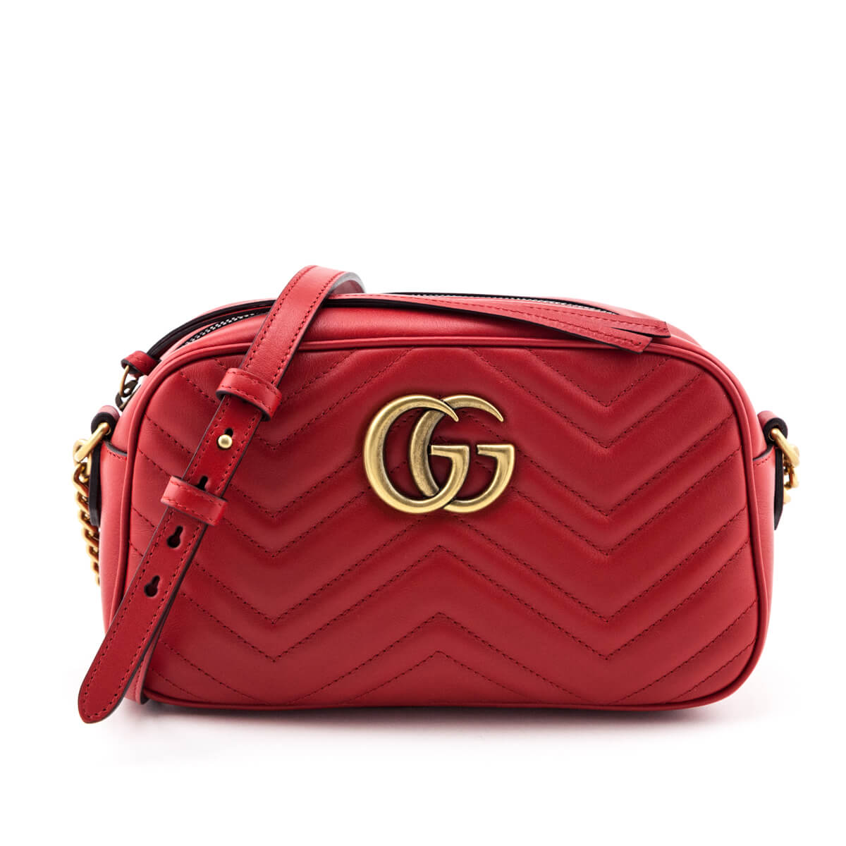 Gucci Hibiscus Red Calfskin Matelasse Small GG Marmont Chain Crossbody