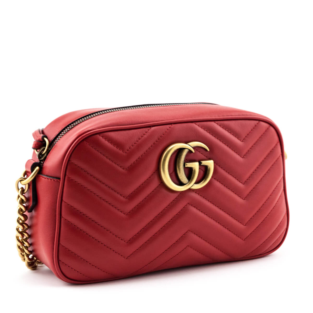 Gucci Hibiscus Red Calfskin Matelasse Small GG Marmont Chain Crossbody